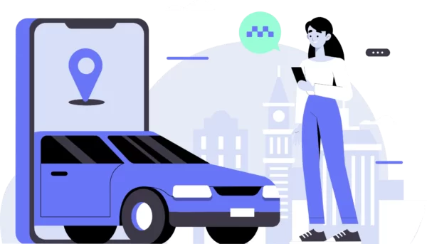 Composição com carro, celular e mulher jovem segurando um celular, sobre fundo transparente, representando tecnologia e mobilidade.