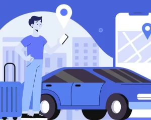 Composição com carro, celular e homem jovem conectado. Composição com carro, celular e homem jovem segurando um celular, sobre fundo transparente, representando tecnologia e mobilidade.